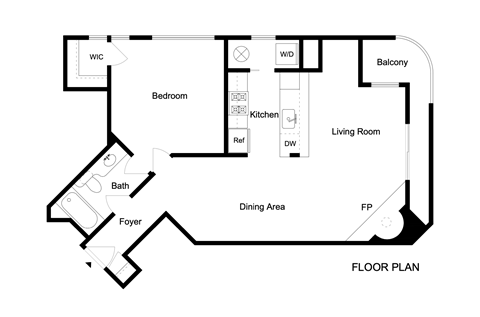 A black and white floor plan of a home with a living room, dining area, kitchen, bath, foyer, bedroom and balcony.